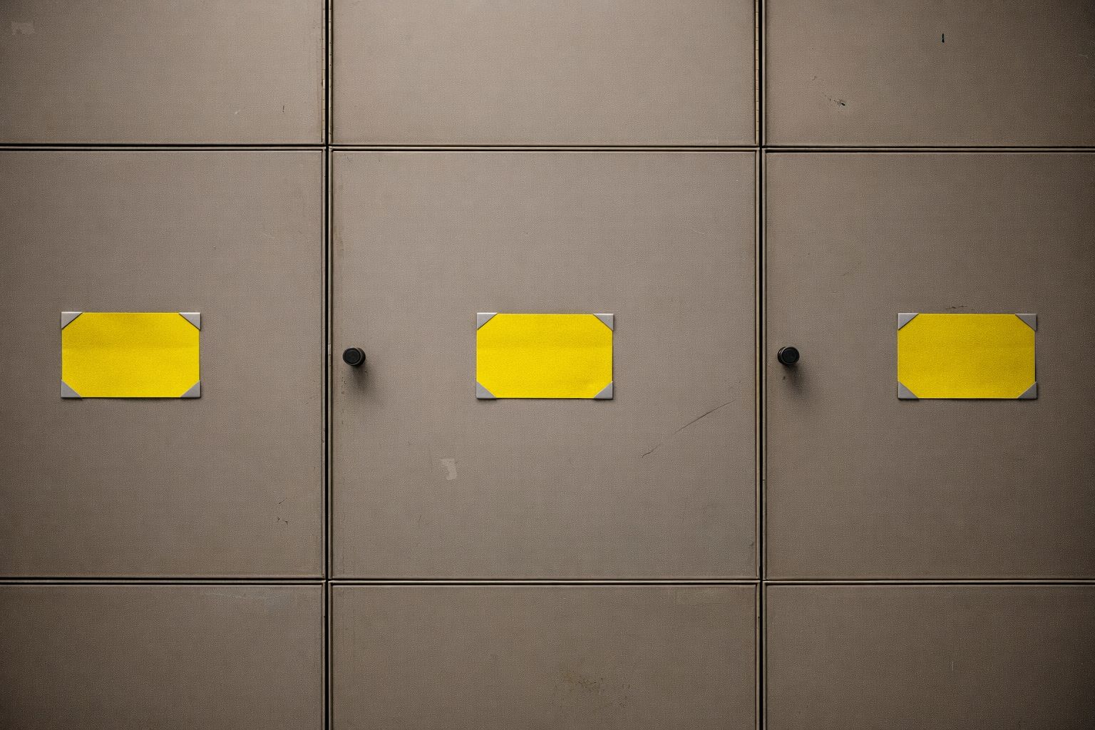 Grijze modulaire opbergkasten met gele labels voor een georganiseerd werksysteem.