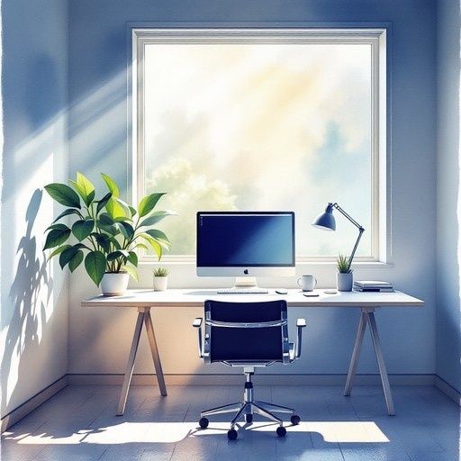 Lichte werkplek met bureau, computer, planten en ochtendzon