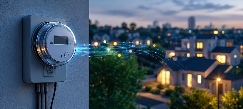Slimme elektriciteitsmeter met datastromen boven een verlichte woonwijk